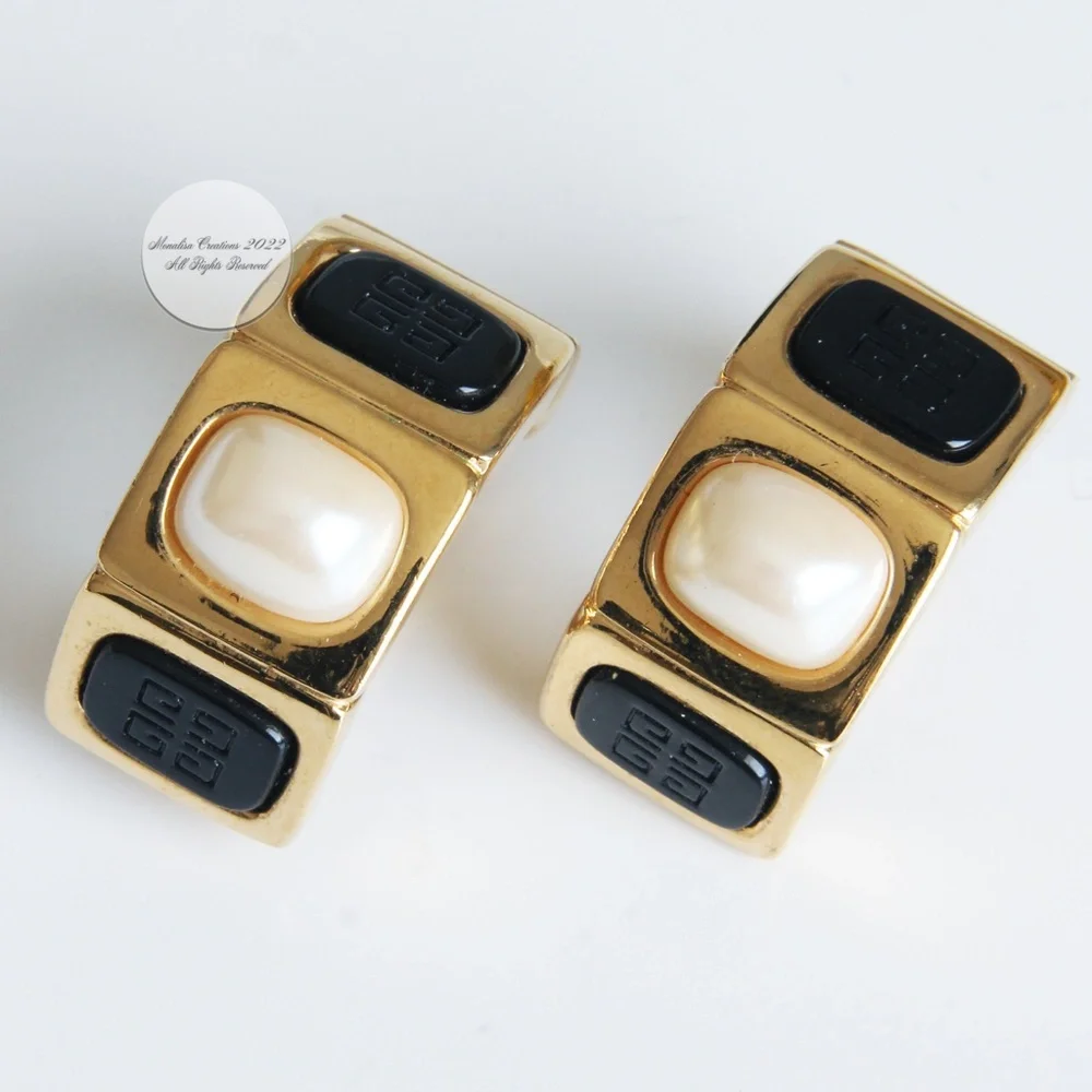 Givenchy Earrings Embossed Logo Stone Faux Pearl Gold Metal Clip Style Vintage - Picture 9 of 12